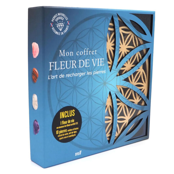 Mon coffret Fleur de vie - L'art de recharger les pierres : Un livre d'initiation, 10 pierres roulées et brutes et une fleur de vie en essence de tilleul - Pierres de Lumière